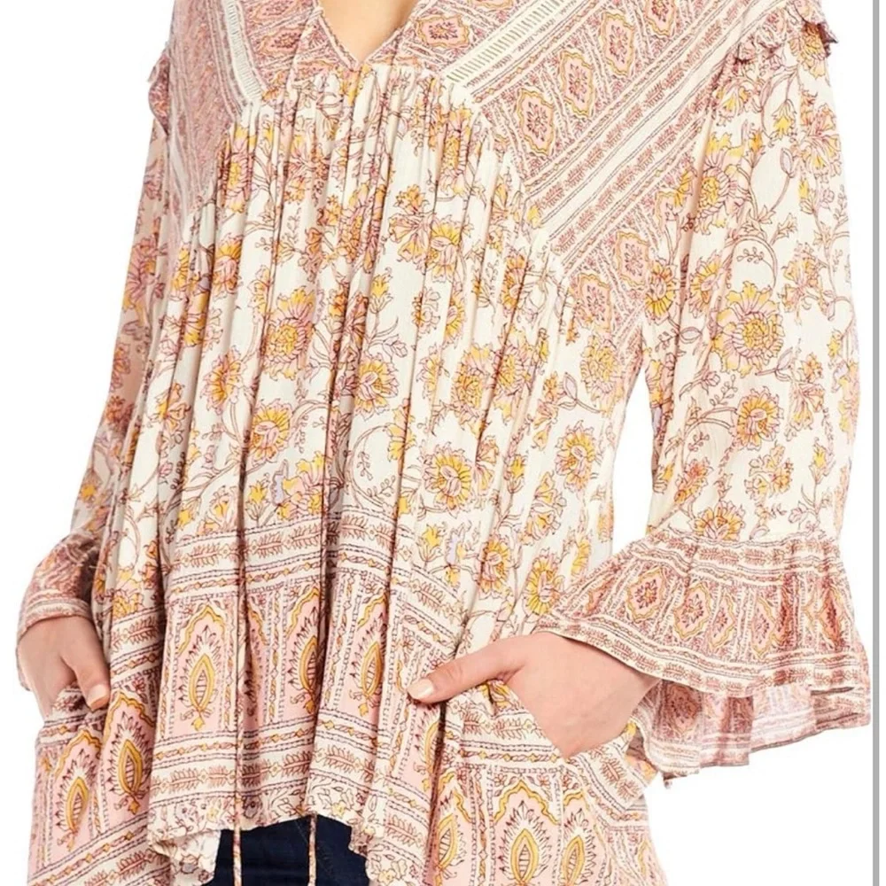 Free People Cream and Light Pink Floral Boho Blouse